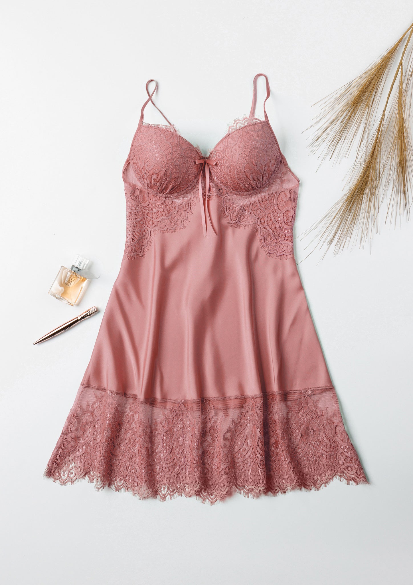 Satin Lace Babydoll rose brown color. 