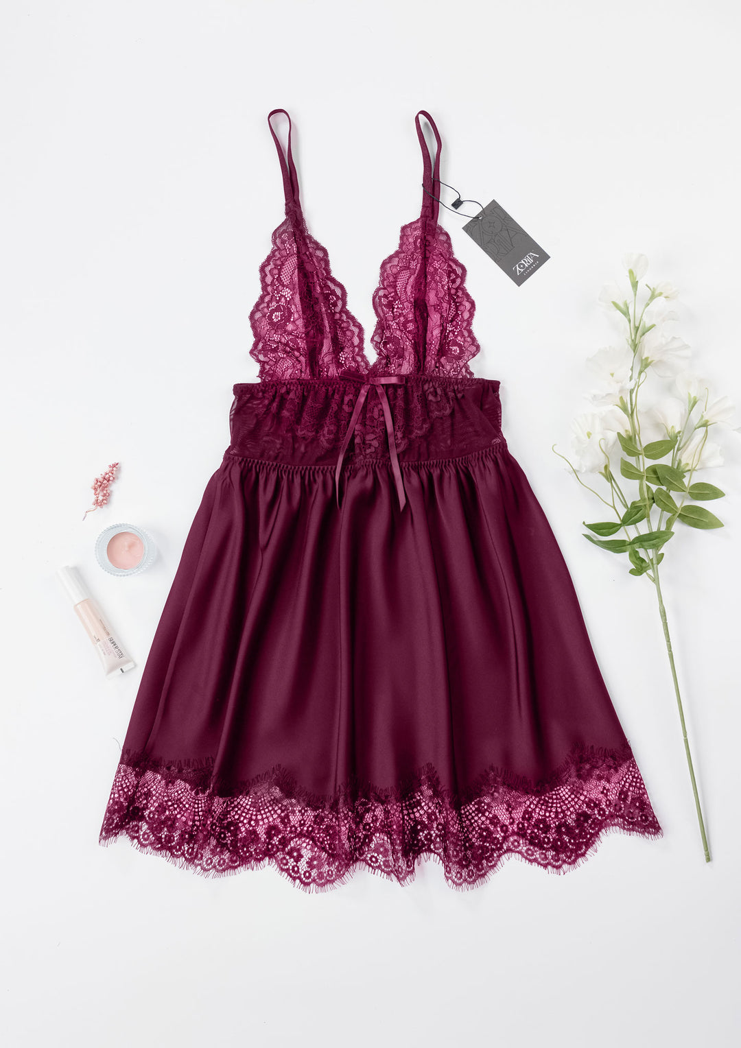 Satin Lace Babydoll Maroon